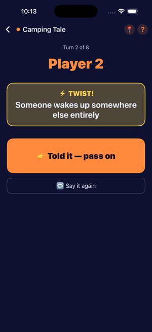 Camping Tale, turn 2 of 8: a twist card reads Someone wakes up somewhere else entirely