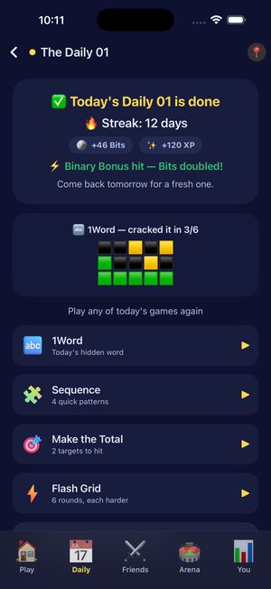 The Daily marked done, with a 12-day streak and a 1Word grid solved in 3 of 6 tries