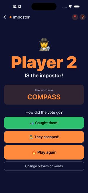 Impostor round over: Player 2 was the impostor and the word was Compass