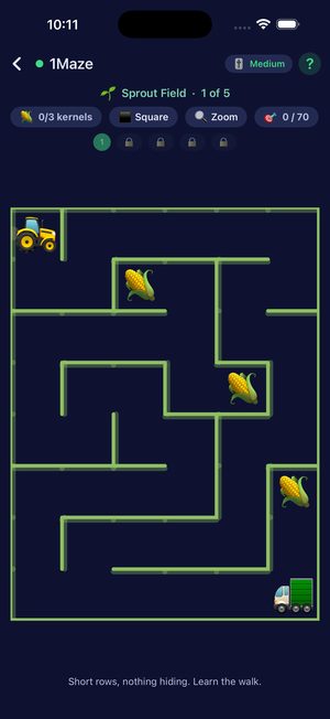 1Maze: a tractor at the top of a corn maze with three corn cobs to collect and a truck at the exit